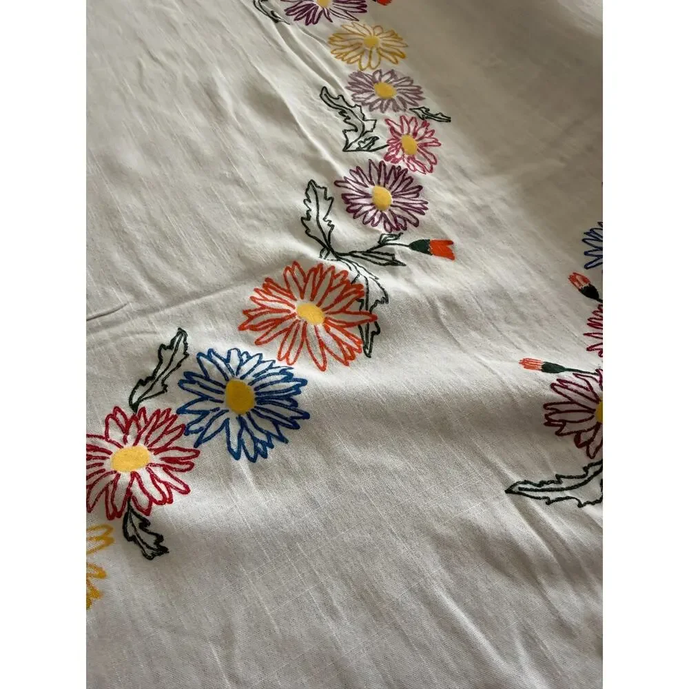 Hand Painted Floral Tablecloth Cotton Vintage Cottagecore Daisy Print 39x45